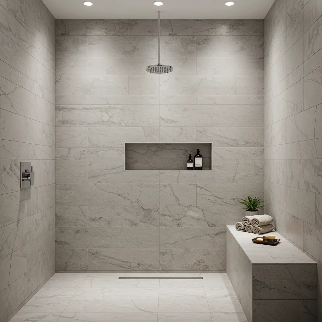 After - Modern luxury custom Calacatta marble shower with built-in bench